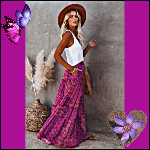 Dresses & Skirts - BOHO VIOLET & PINK PAISLY PRINT MAXI SKIRT WITH POCKETS